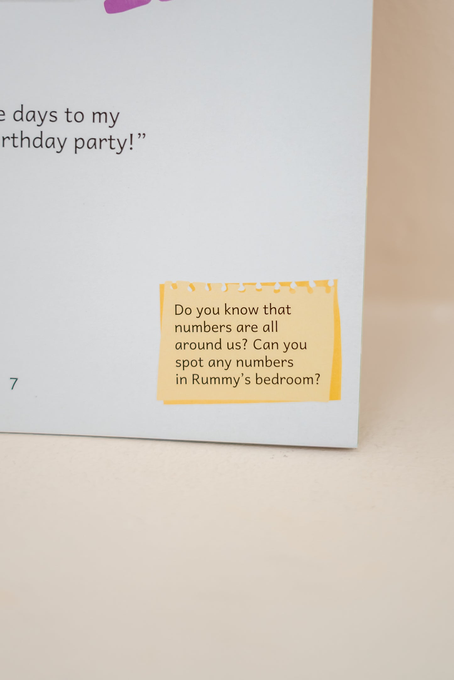 Parent's Prompt stating Do you know that numbers are all around us. Can you spot any numbers in Rummy's bedroom?