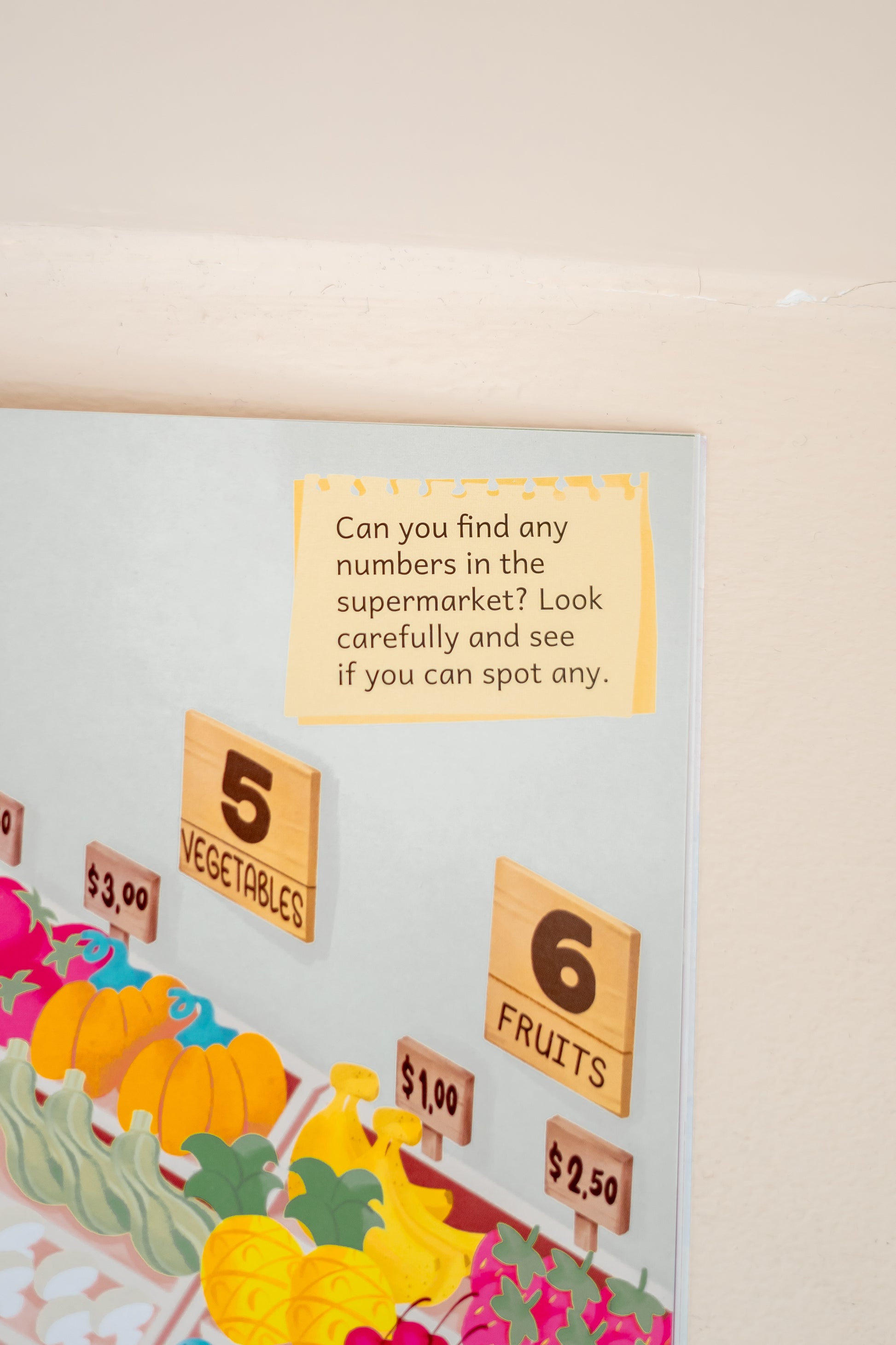 Parent's prompt to ask children Can you find any numbers in the supermarket? Look carefully and see if you can spot any.