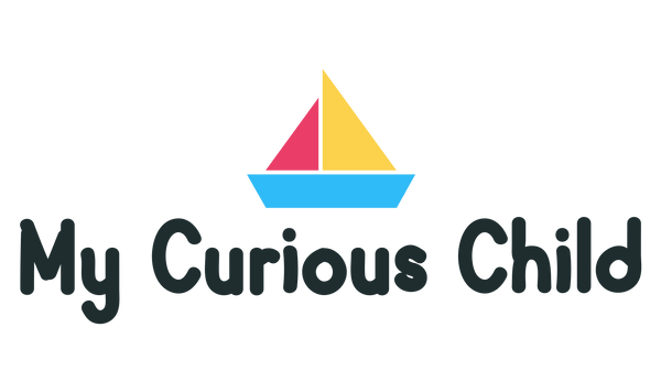 Logo of 'My Curious Child' with a colorful sailboat on a white background